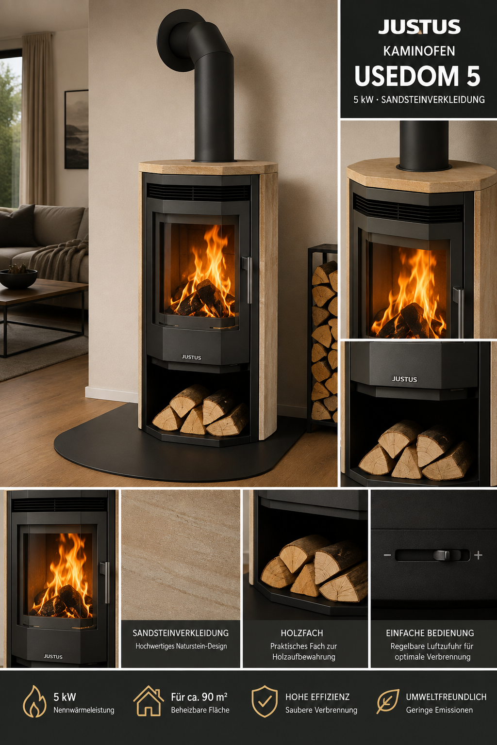 Justus Kaminofen Usedom 5 Schwarz 5 kW Sandsteinverkleidung