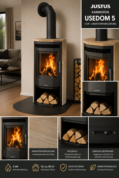 Justus Kaminofen Usedom 5 Schwarz 5 kW Sandsteinverkleidung
