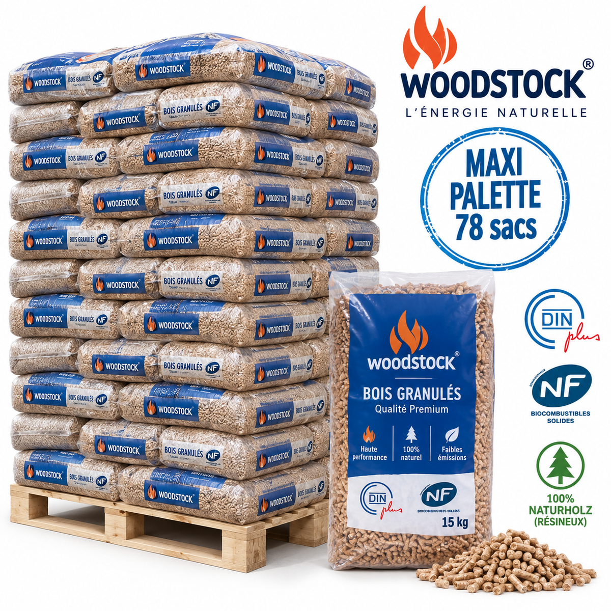 WOODSTOCK Holzpellets – 78-Sack-Palette – 100 % Nadelholz, DINplus & NF