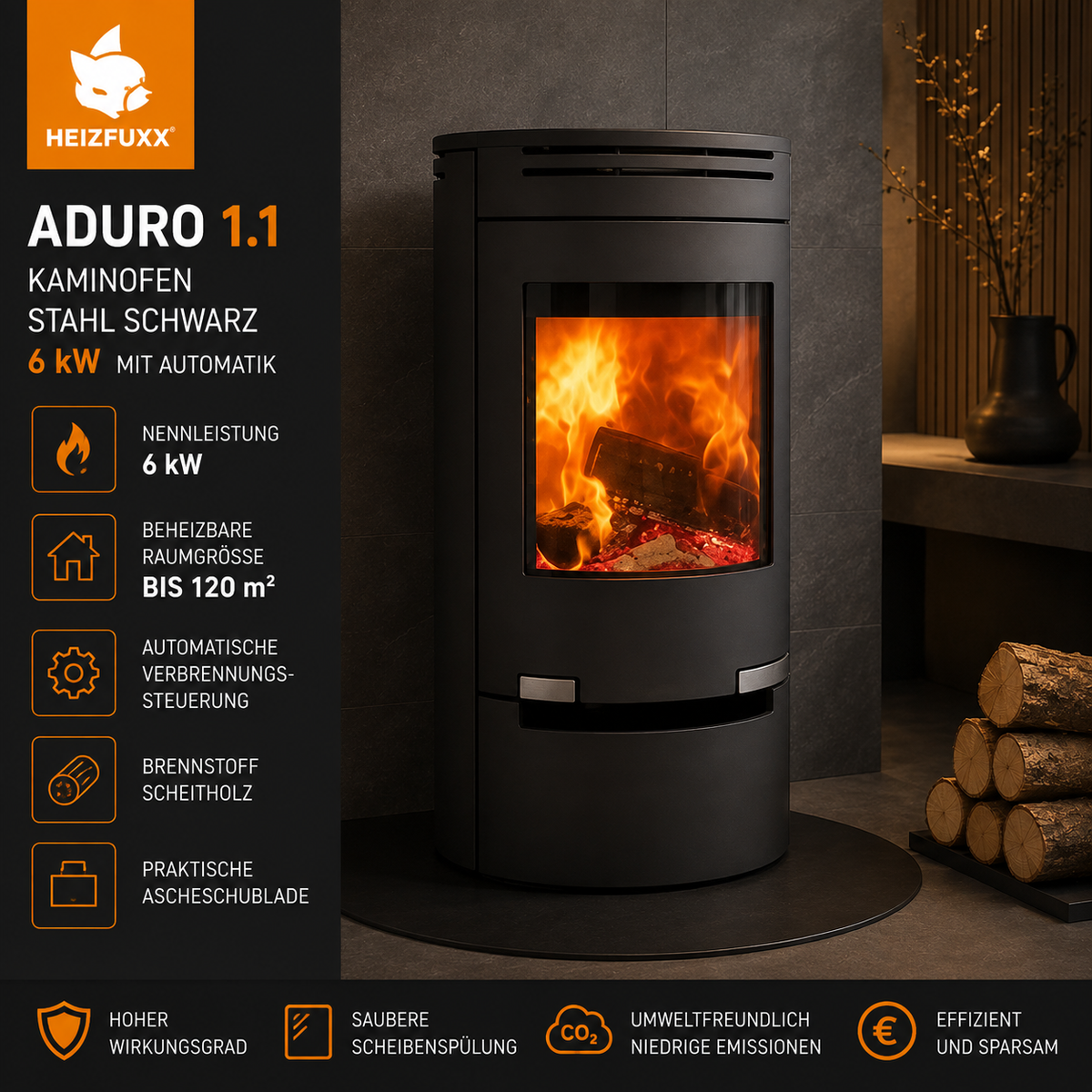 Aduro 1.1 Kaminofen Stahl Schwarz 6 kW mit Automatik