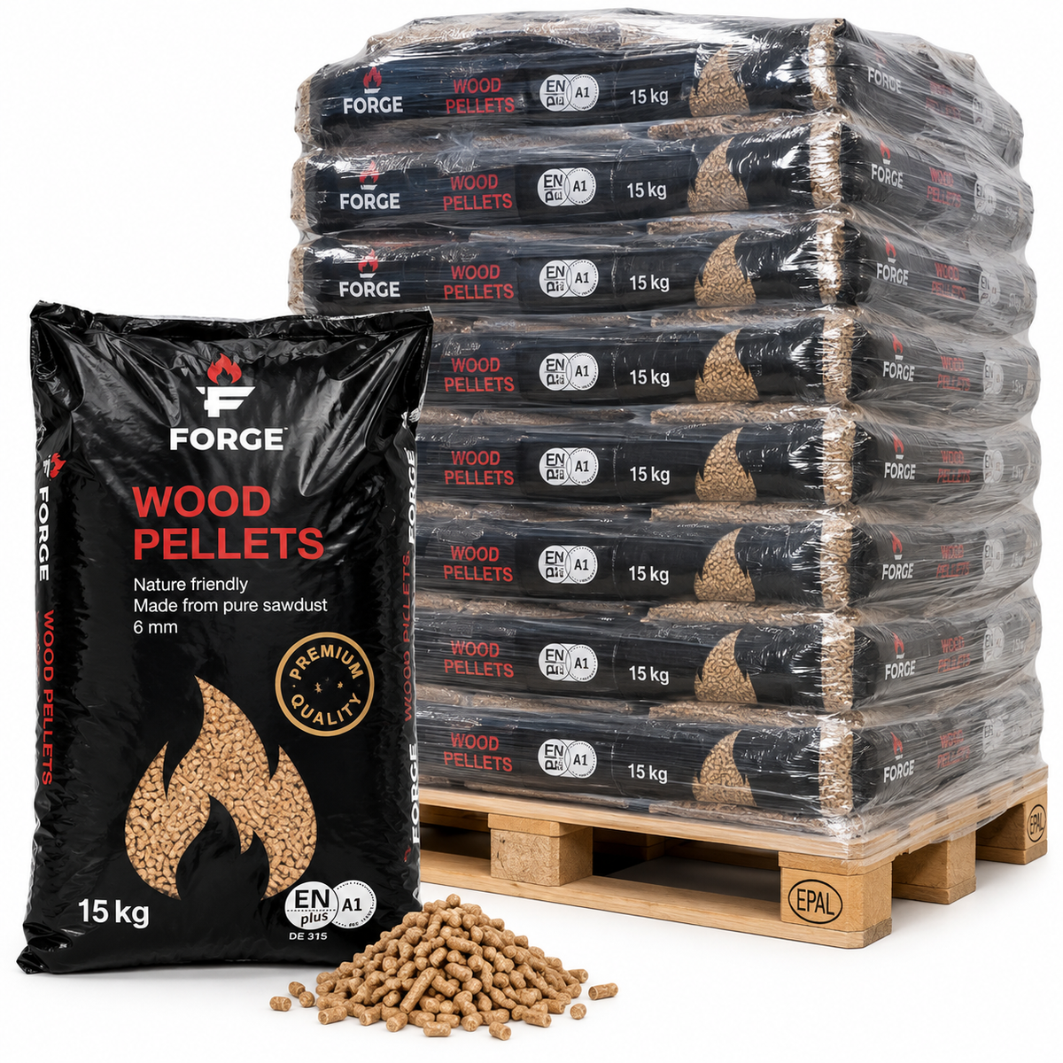 Forge Premium Holzpellets – 84 × 15 kg Palette (1260 kg) – 100 % Nadelholz, ENplus A1