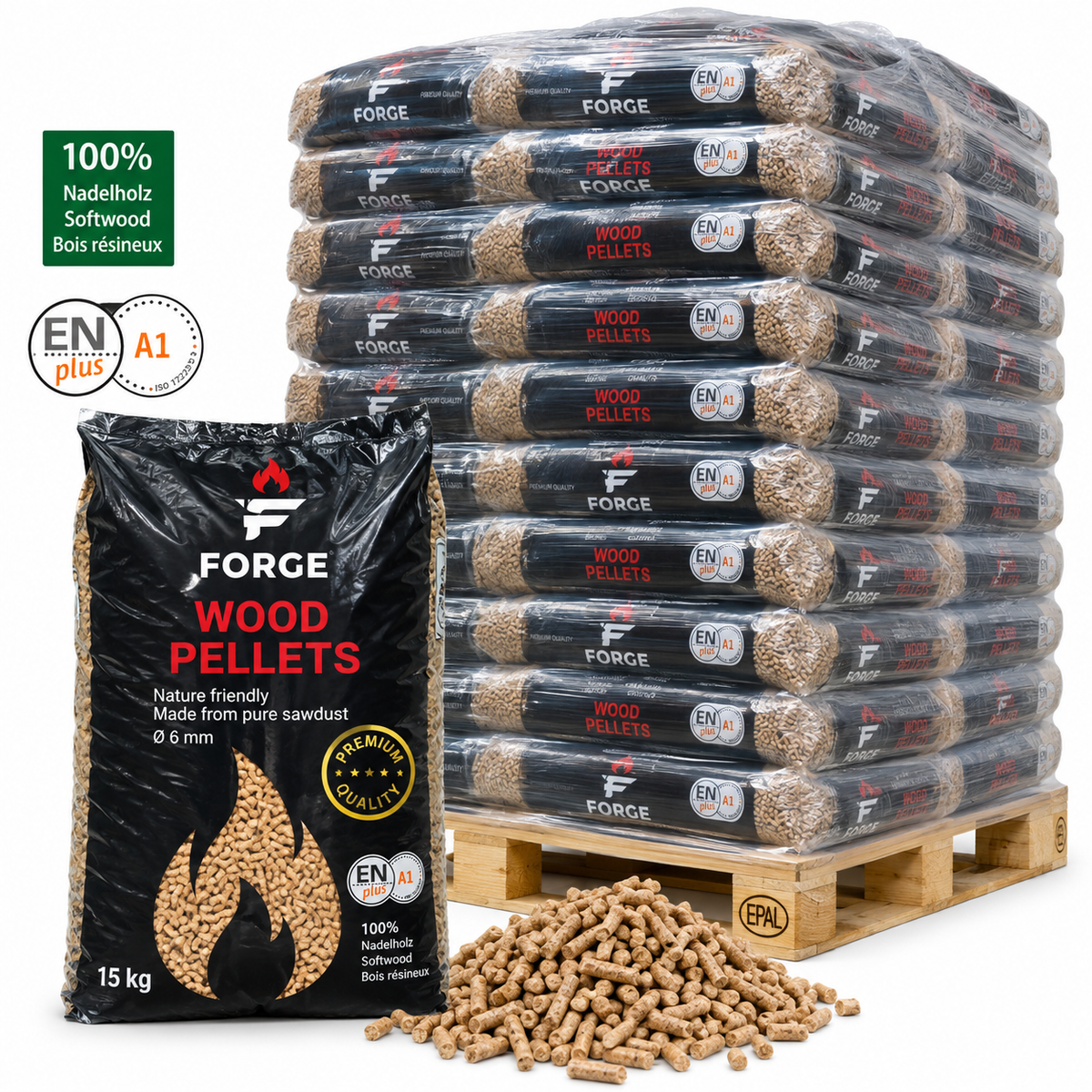 Forge Premium Holzpellets – 84 × 15 kg Palette (1260 kg) – 100 % Nadelholz, ENplus A1