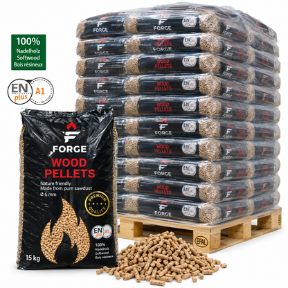 Forge Premium Holzpellets – 84 × 15 kg Palette (1260 kg) – 100 % Nadelholz, ENplus A1