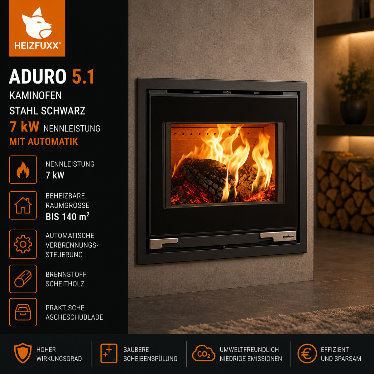 Aduro 5.1 Kaminofen Stahl Schwarz 7 kW mit Automatik