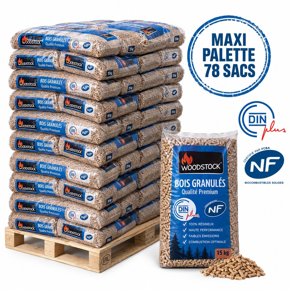 WOODSTOCK Holzpellets – 78-Sack-Palette – 100 % Nadelholz, DINplus & NF
