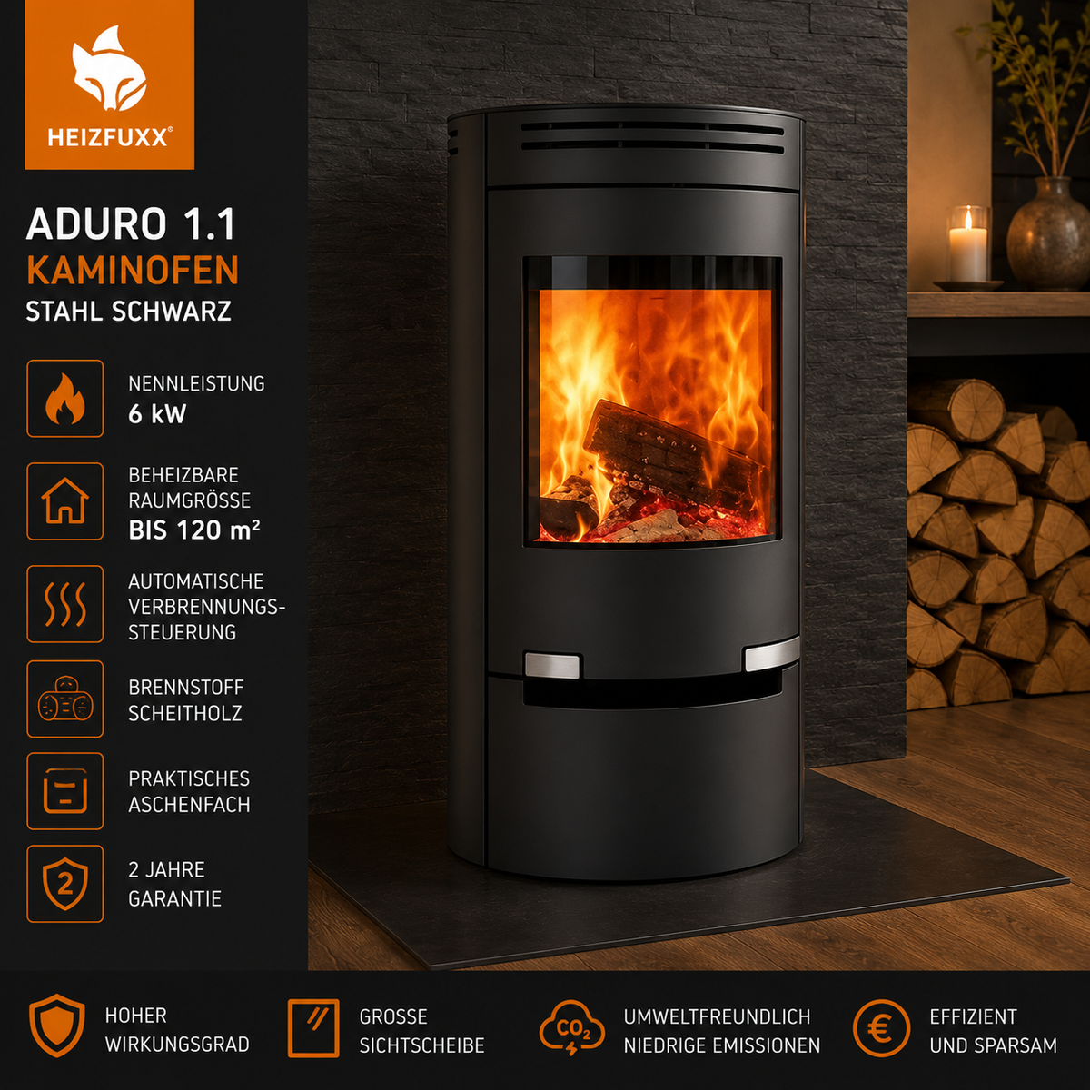 Aduro 1.1 Kaminofen Stahl Schwarz 6 kW mit Automatik